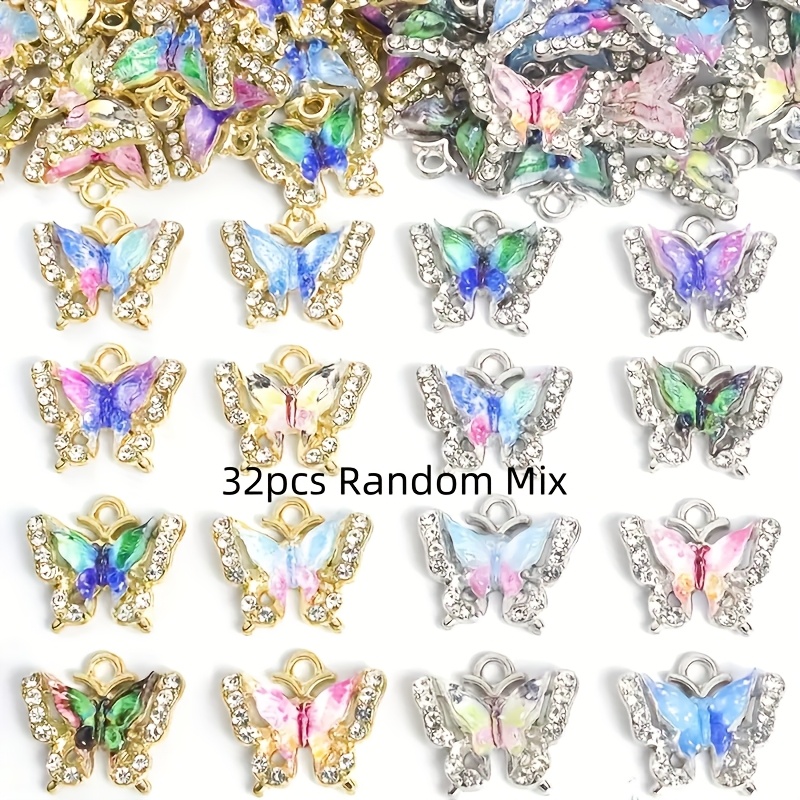 E-shop 32/16 Stück doppellagige Schmetterling-Anhänger mit mehrfarbigem Acryl-Einlage und funkelnden Strasssteinen - Goldfarbene Legierungs-Anhänger,