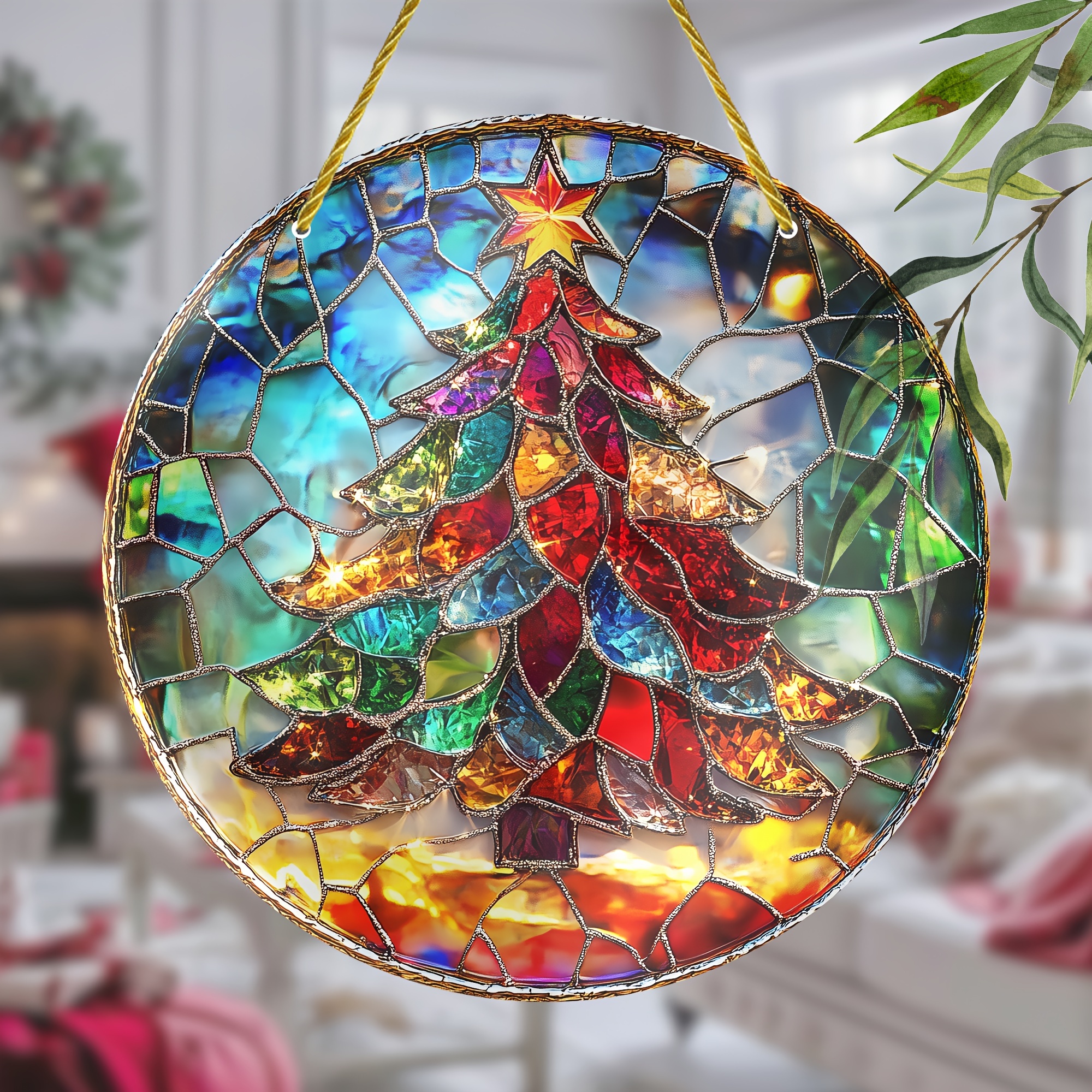 

Unique 8"x8" Stained Glass Christmas Tree Suncatcher - Vibrant Indoor/outdoor Wall Art, Porch, Bedroom, Office & Patio Decor - Ideal Holiday Gift