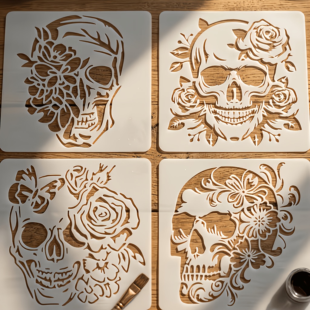Image of 4pcs Pattern Drawing Template, Horror With Flame Design For Scrapbooking, Wall And , And Festive Decorations (beautiful ). Perfect For Halloween-themed Crafts Like Fabric, Canvas, And Wall Decorations