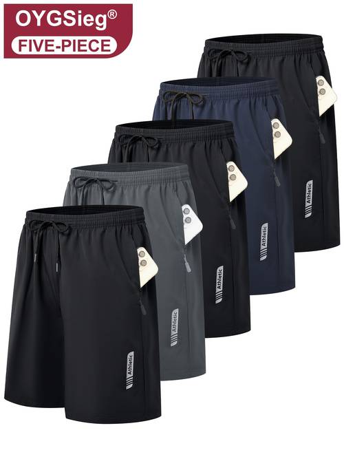 5pcs mens sports gym workout shorts quick drying basketball running lightweight shorts stretch waistband side zip pocket woven fabric
