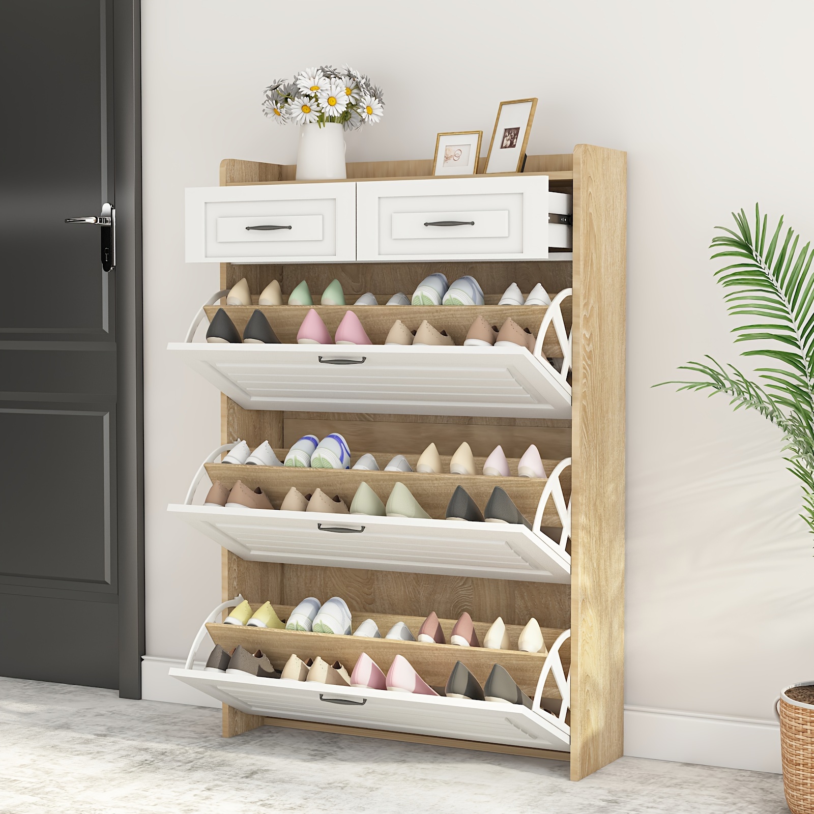 

1pc White +oak Color Shoe Cabinet With 3 Doors 2 Drawers, Pvc Door With Shape, Large Space For Storage