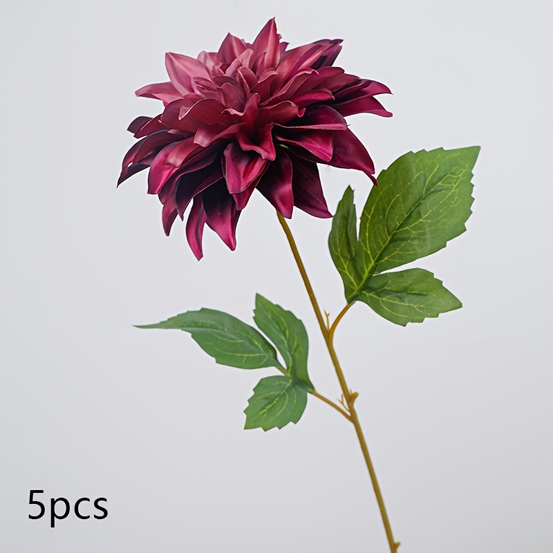 TEMU 5pcs, Burgundy Single Branch Dahlia Artificial Flowers, Faux Chrysanthemums, Suitable For Wedding Floral Arrangements, Home Vase Decorations,