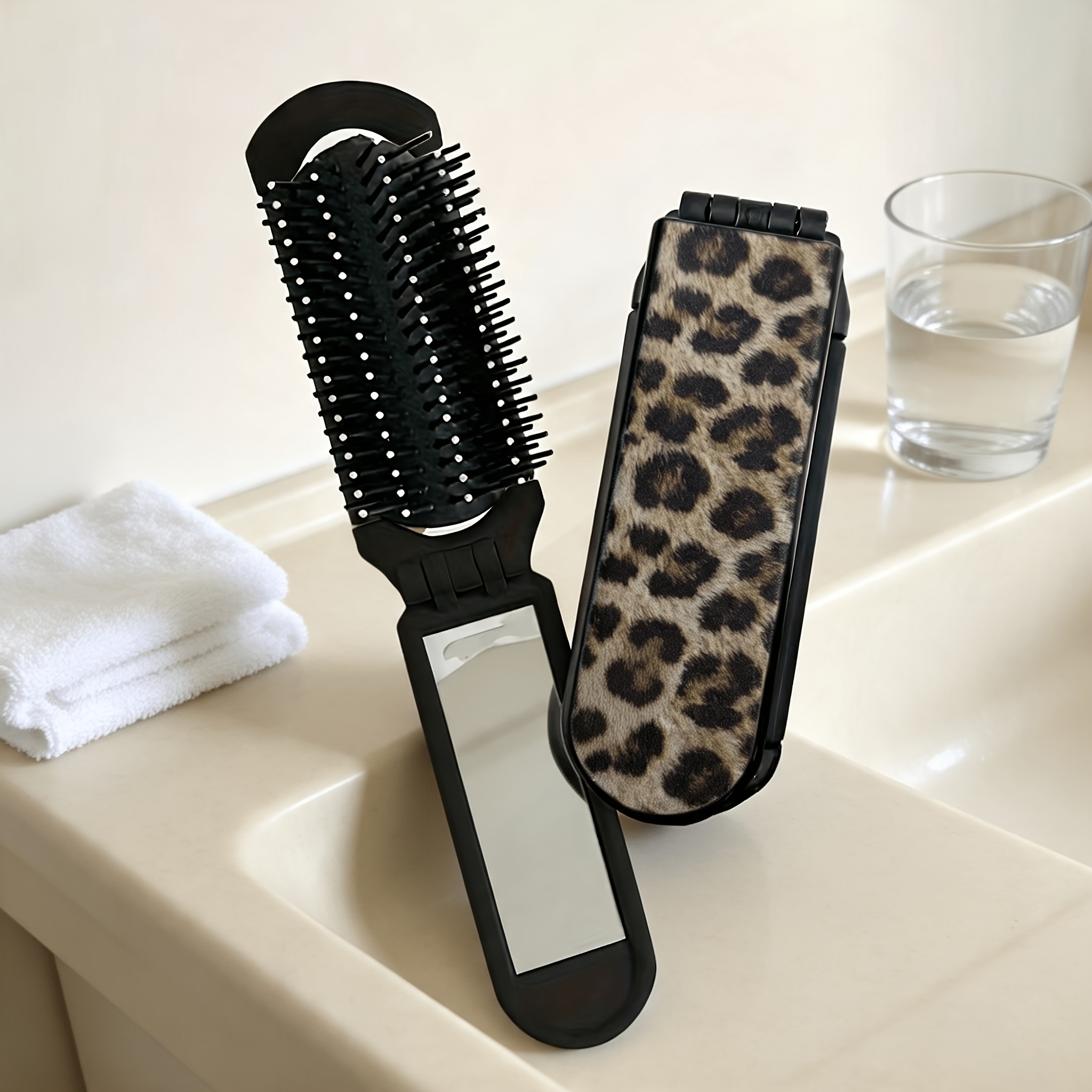 TEMU Peigne à cheveux pliable à imprimé léopard, peigne à boucler rond de voyage portable, peigne de coiffure anti-statique à coussin pour lisser,