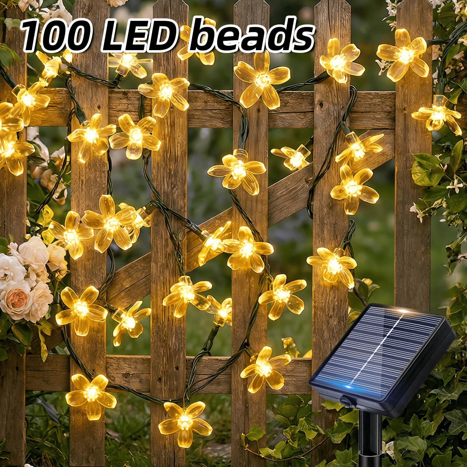 E-shop Ein Set Solarbetriebene Lichterketten mit 20, 50 oder 100 LEDs, für den Außenbereich. Diese bunten Lichterketten sind mit einem intelligenten