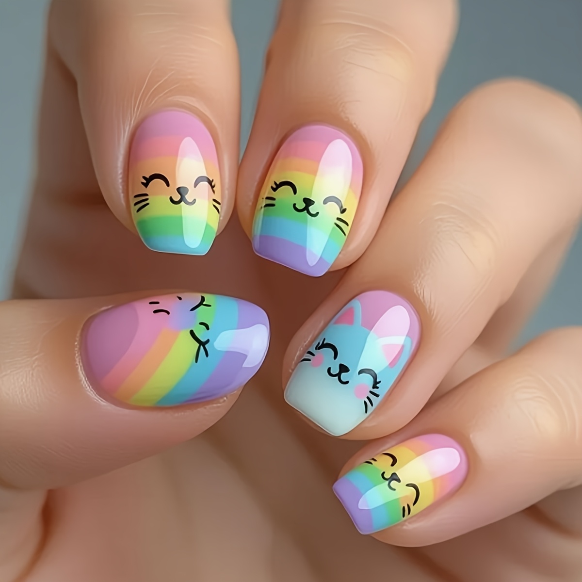 TEMU 24pcs Short Square Wear Nails | Colorful Geometric Stripe Cartoon Cat Patterns, Glossy Full Coverage, Machine- Artificial Nails For Ladies' Daily, Festival, Party Nail Art Decoration