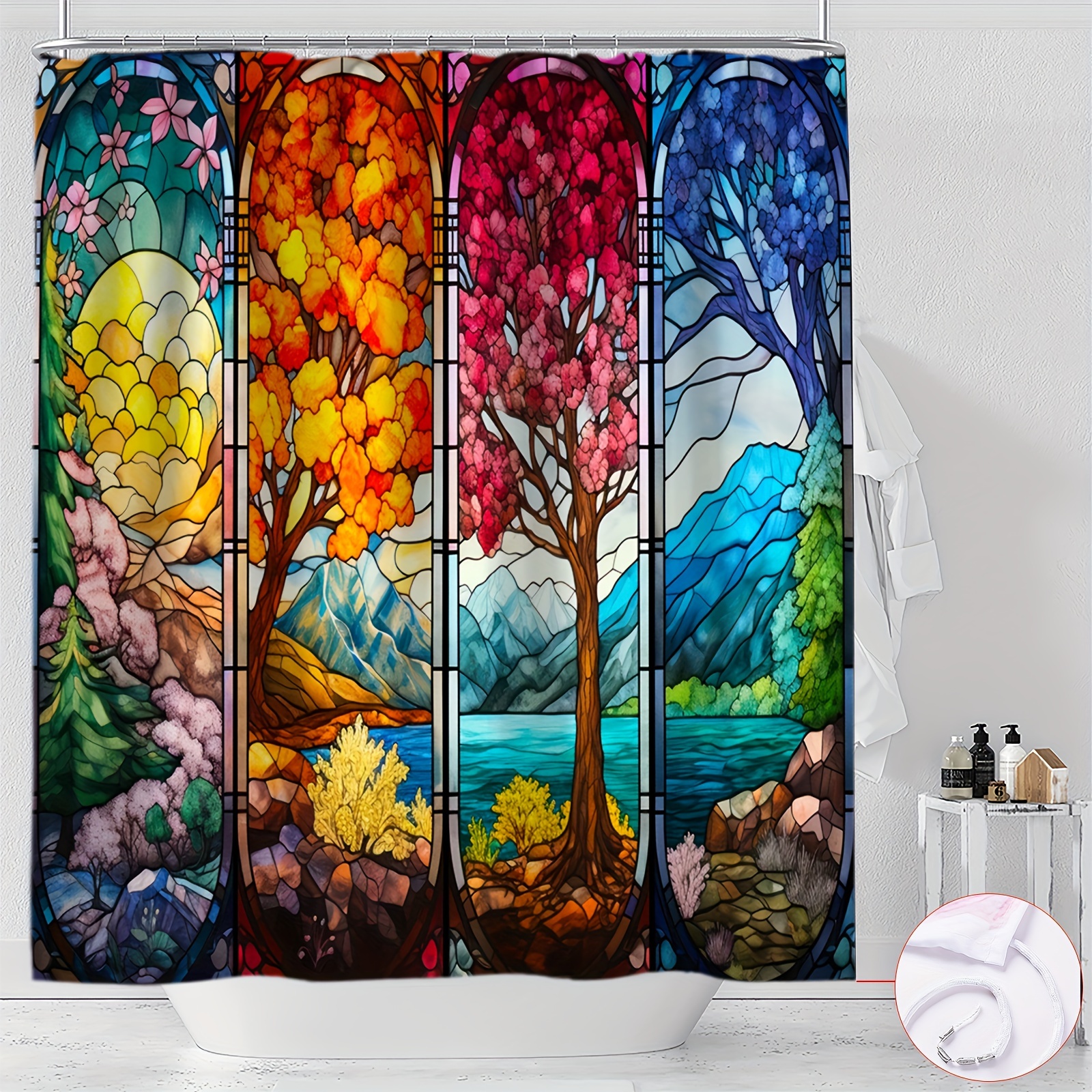 

1pc Stained Glass Tree Shower Curtain - 4 Seasons Digital Print, Waterproof Polyester, Machine Washable With Hooks