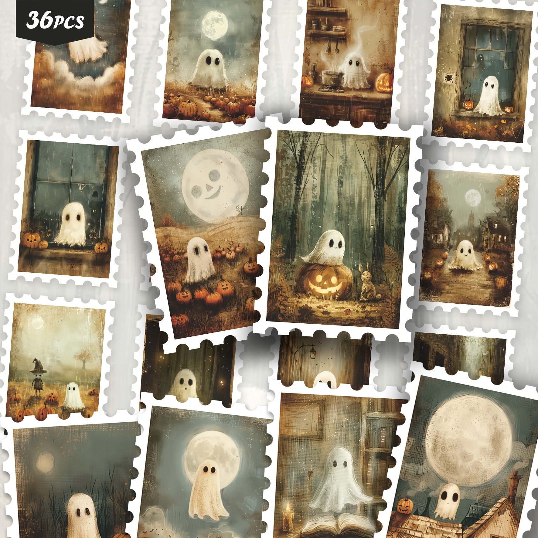 TEMU 36 stuks schattige Halloween ephemera-stickers, grillige & maantafereel aquarelkunst esthetische uitgesneden stickerset voor dagboeken, planners