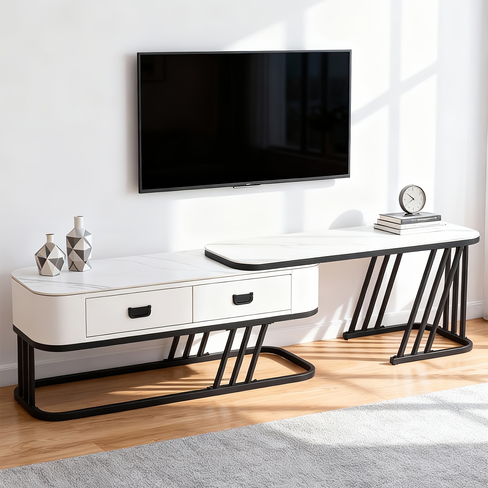 Tv Stand With Sintered Stone And Faux Leather, Low And Cabinet With Storage, 140 To 180 Cm, , For Living Room
