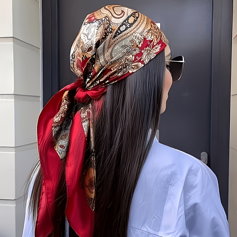 Red Bohemian Pattern Large Size Headscarf Multi-functional Use Satin Y Material