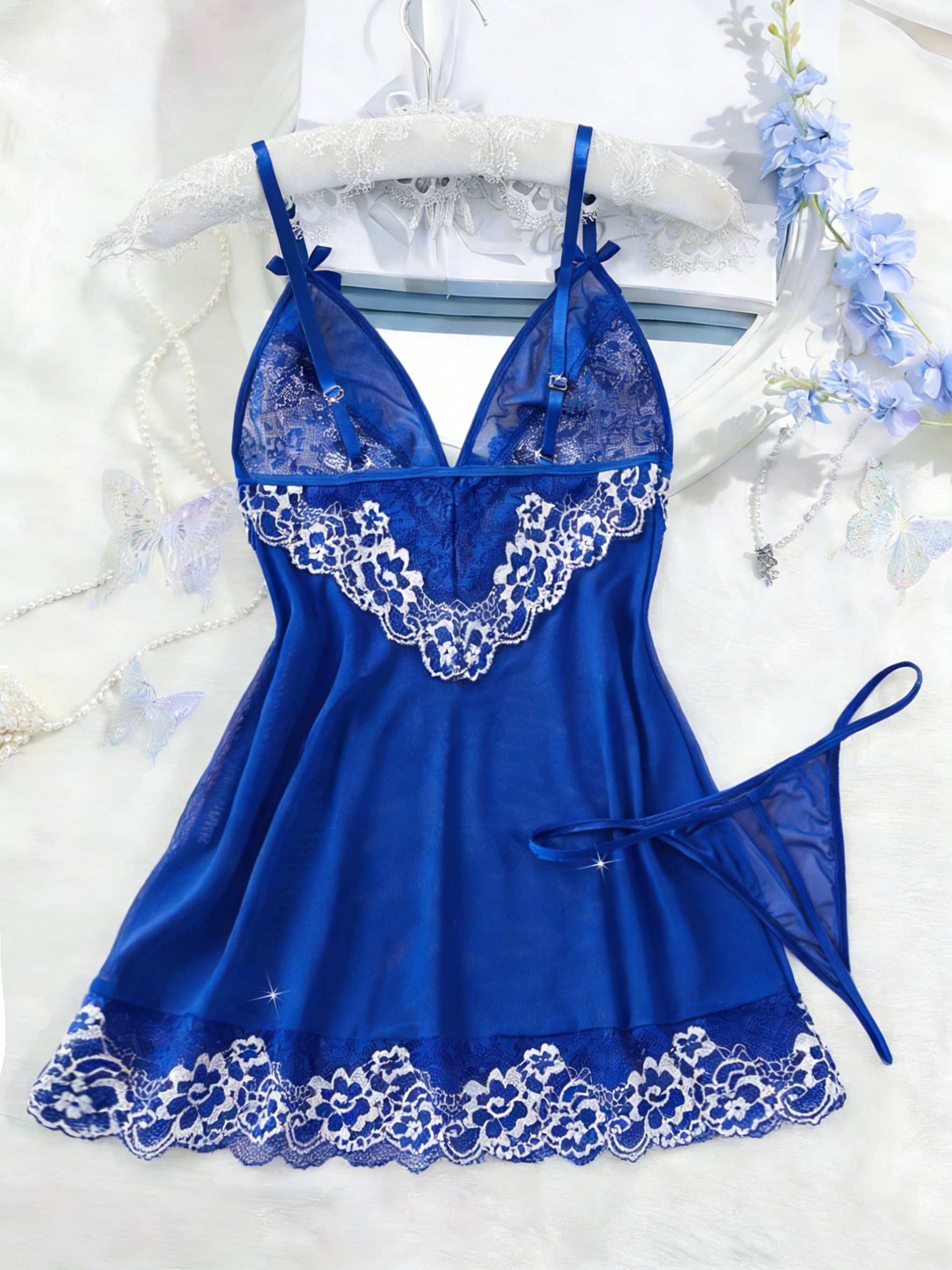 2pcs Pijama Elegante de Encaje Semi-Transparente para Mujer - Vestido Sin Espalda con Lazo, Conjunto de Pijama Combinado para Todas las Estaciones, Lavado a Mano, Conjunto de 2pcs (No) - Ropa de Descanso Femenina