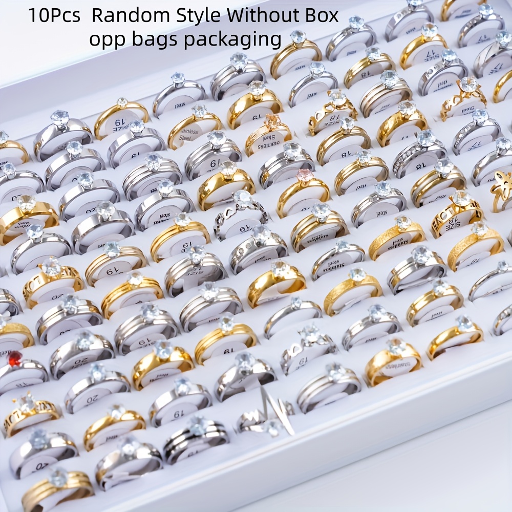 Image of 10pcs/lot Fashion Trendy Colorful Zirconia Stainless Steel Rings Men Women Engagement Jewelry Party Gift Additions, Without Box Opp Bagged Random Shipment