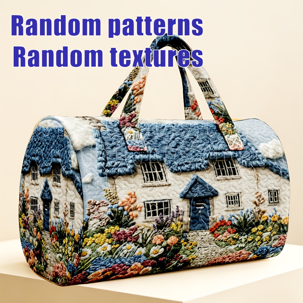TEMU 1pc Quilted Cylinder Travel Tote With English And Garden Stitching Pattern For Women Halloween Thanksgiving Christmas Gift