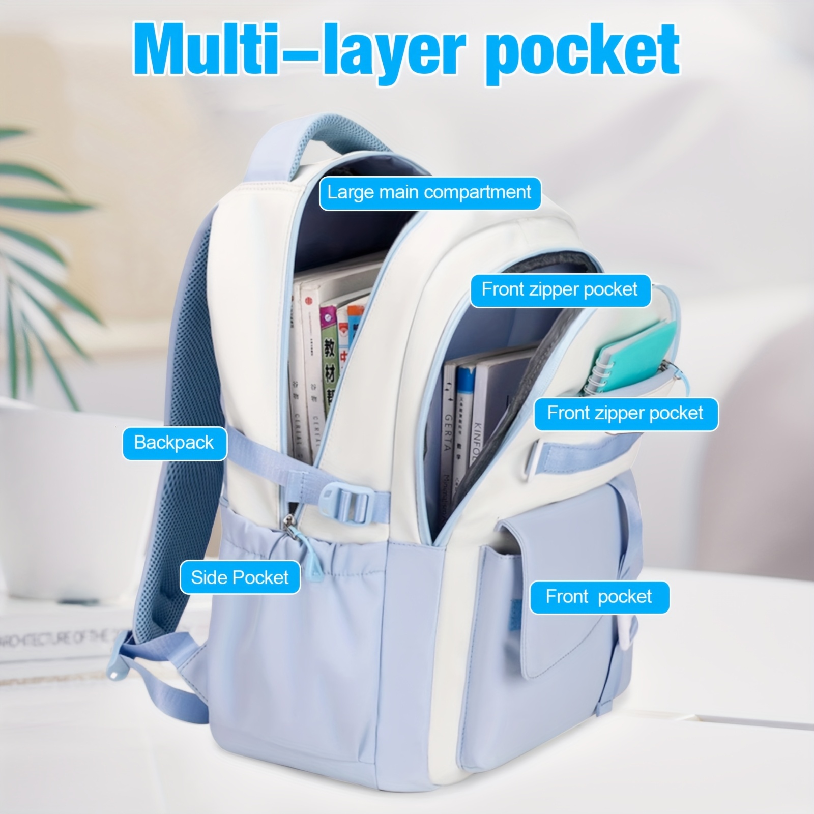for   backpack blue large capacity backpack   stationery set, keychains, button pins, stickers, for teenager Product details 2
