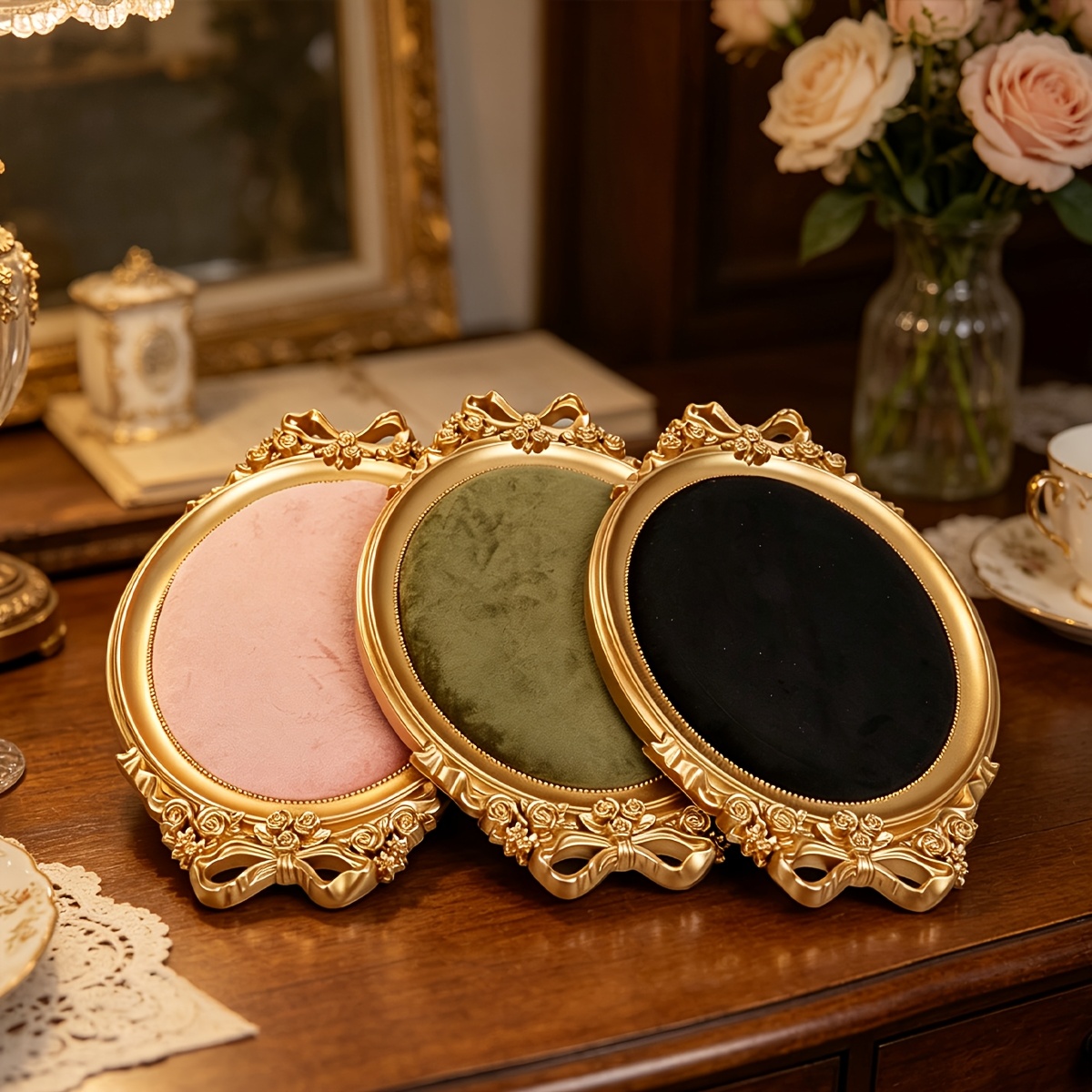 Retro Golden Frame Oval Jewellery Tray with Bow, Velvet Lining