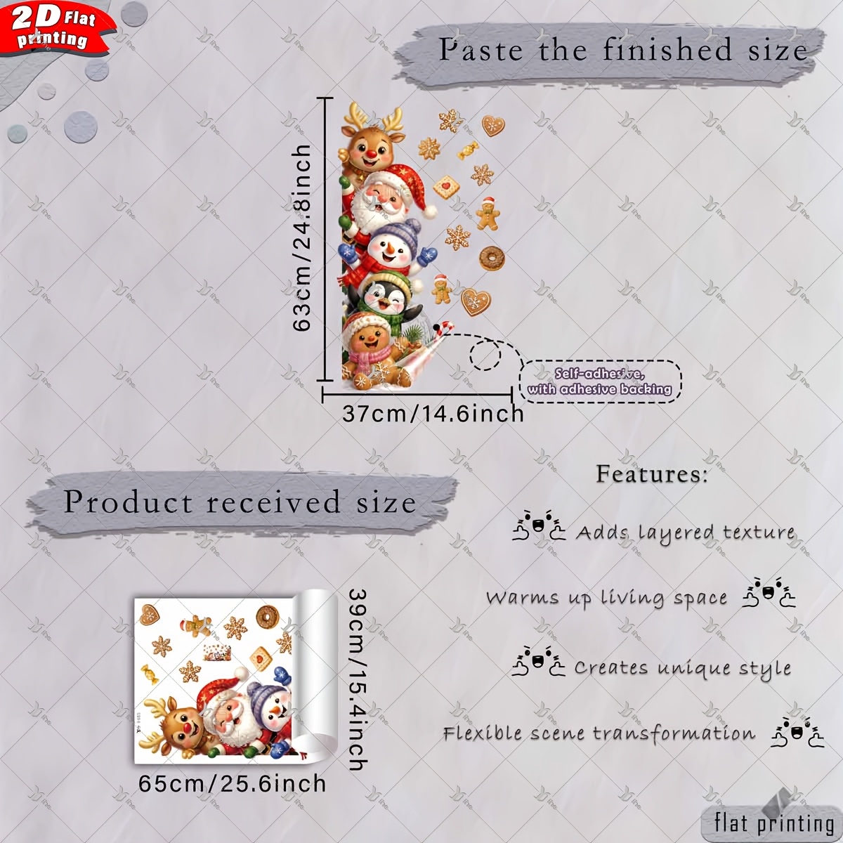 TEMU 1pc Autocollant Mural 2D Imprimé Plat de Noël Père Noël, , de Neige, et Homme d'Épices, Décalcomanie Décorative en PVC Auto-Adhésive Amovible