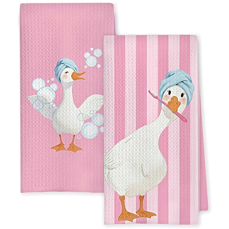 TEMU 2-pack Pink Fun Washcloths, Featuring Adorable Soft Patterns. It Showcases A Vibrant Goose Design And A Striped Pattern