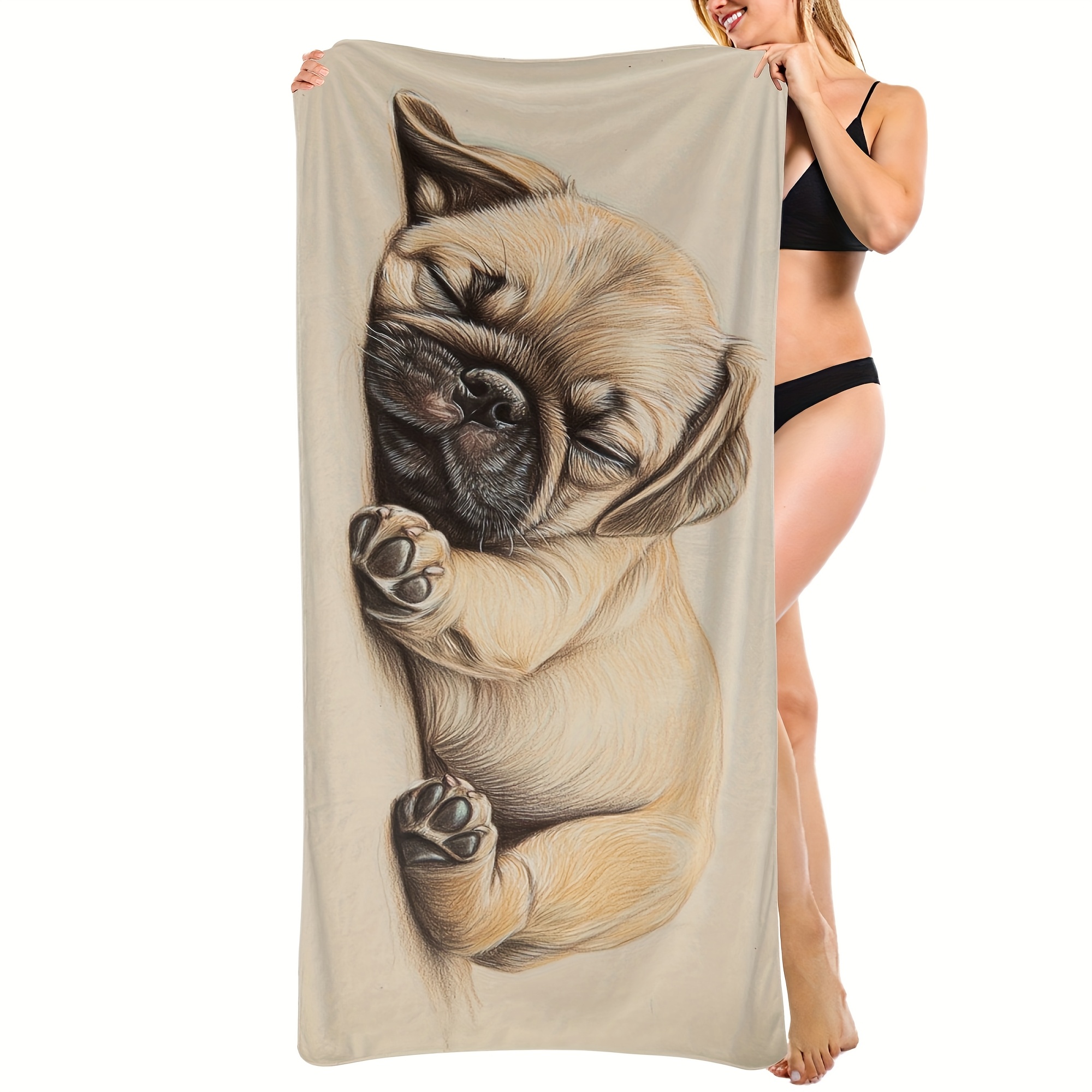 Microfiber Beach Towel With Sleeping Pug Puppy Design Lightweight_voghion.com