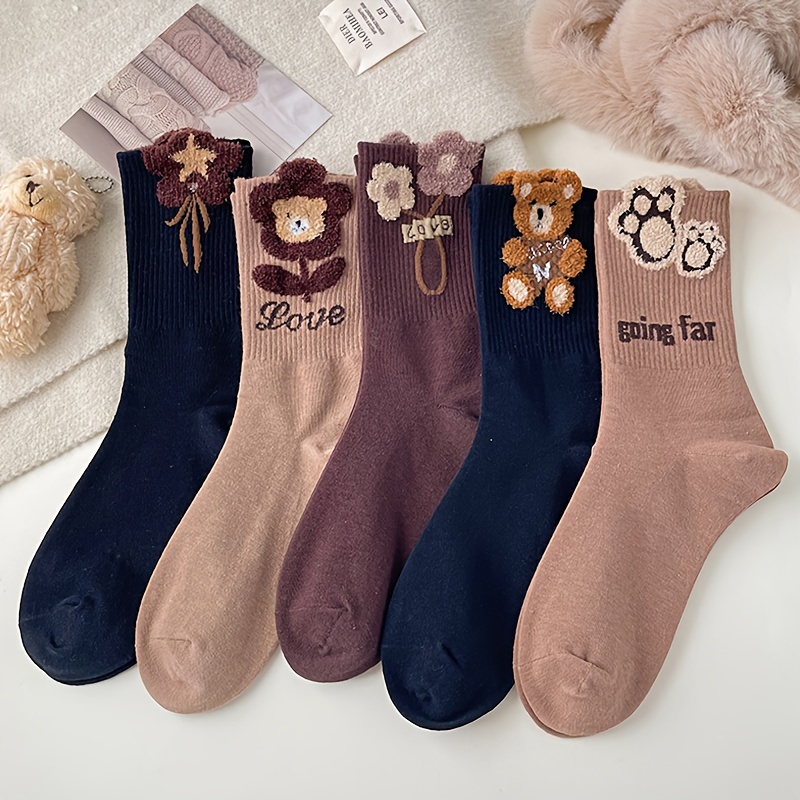 

5 Pairs Fuzzy Floral & Bear Socks, Cute College Style Mid Tube Socks For Fall & Winter, Women's Stockings & Hosiery