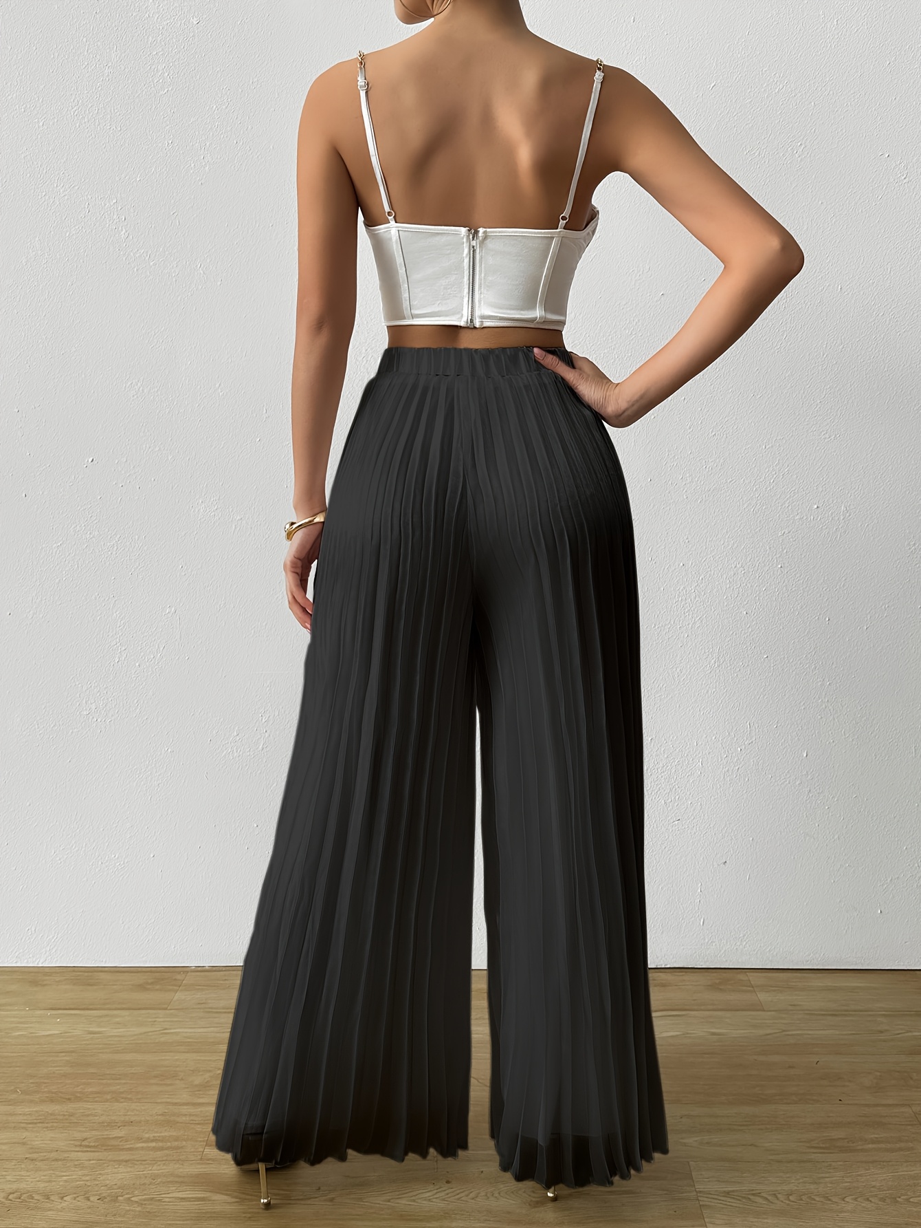 womens high waisted pleated wide leg pants white black - Temu Oman