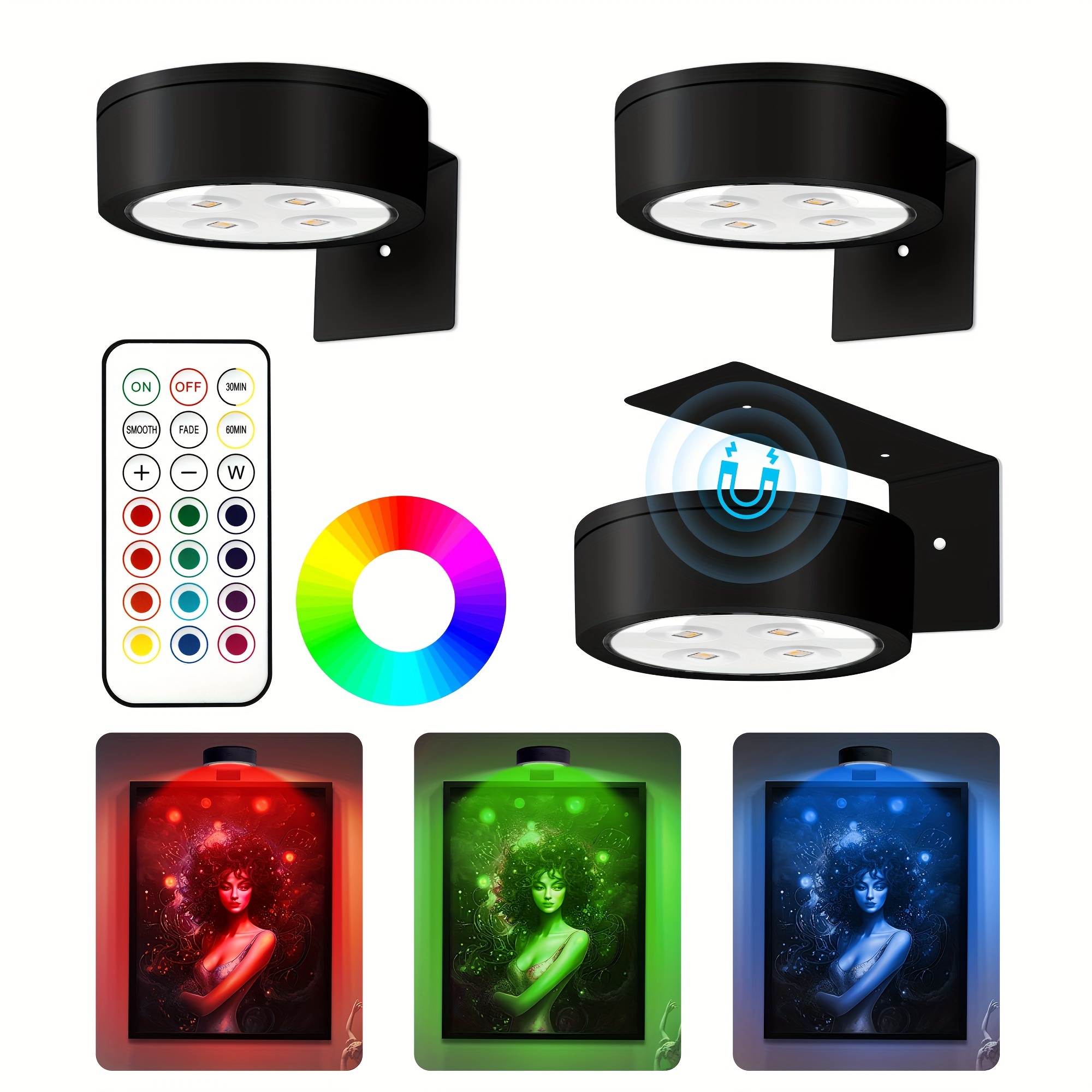 TEMU 12/6/3pcs Picture Lights For Wall, 13 Rgb Color Magnetic Led Art Display Light For Picture Frame, Wireless Battery Operated Painting Light With