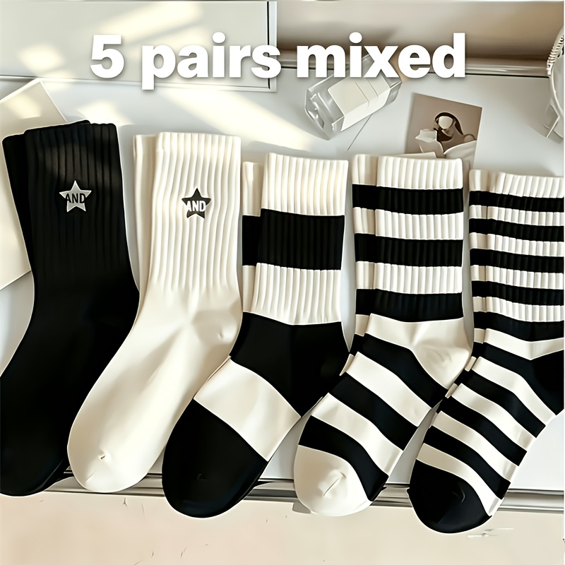 TEMU 5/10/20 Pairs Assorted Crew Socks, Black & With And Striped Designs, 5 Unique Styles, Ribbed Knit, Soft Breathable, Minimalist Preppy Style For