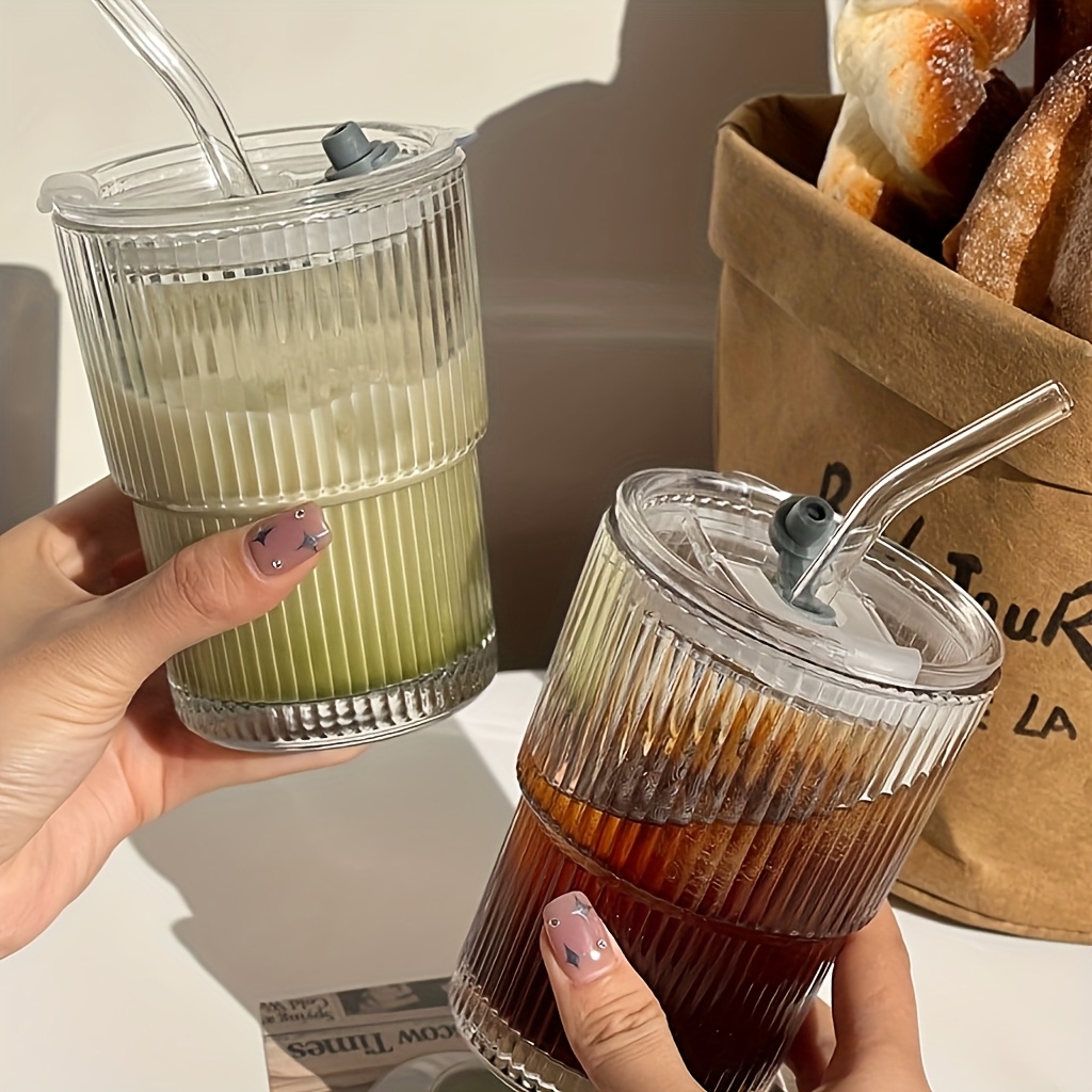 2 4  glass coffee cups with straws and lids 360ml 12 17oz durable drinking glasses   coffee tea milk ideal for home office use holiday gifts couples gift Product details 0