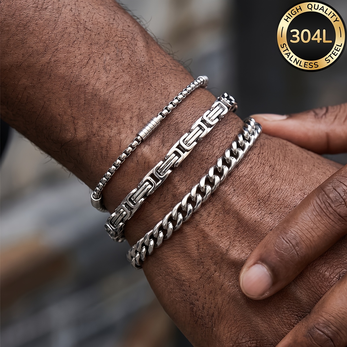 TEMU 3pcs Of 304l 304l Stainless Steel Bracelet, Waterproof And Non-fading, Men's Jewelry Set, Fashionable Jewelry, Suitable For Daily Wear, Perfect