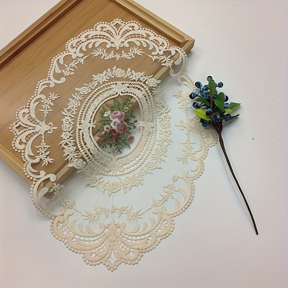 Image of 1pc Elegant Lace Placemat, Retro French Style, Embroidered Table Mat, Multifunctional Home Decoration, Oval Lace Table Mat Dining Table Decoration Mat, Coffee Coaster, Home Dish Mat