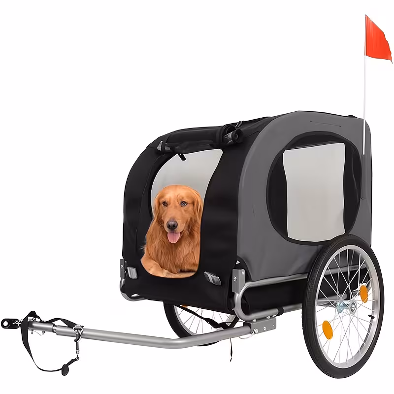 trailer for small medium dogs cats easy fold lightweight cart frame release wheel sal bicycle coupler washable non slip lining ventilation mesh safety harnesses durable metal construction for dog bike carrier for dogs dog bike for small medium pet bicycle security accessories transportation safety gear dark gray 8