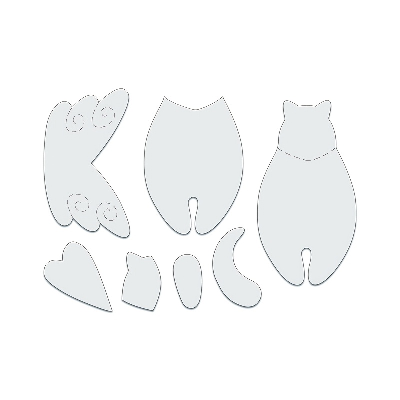E-shop Ein 7-teiliges Katzen-Nähschablonen-Set für katzenförmiges Quilten, mit Flügel- und Herz-Elementen. Diese wiederverwendbaren, transparenten