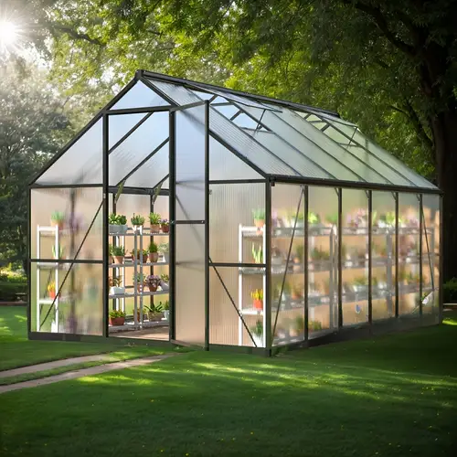outdoor 12x8 ft featuring polycarbonate panels with setup structure and roof ventilation aluminum frame large walk in greenhouse for garden backyard use garden houses