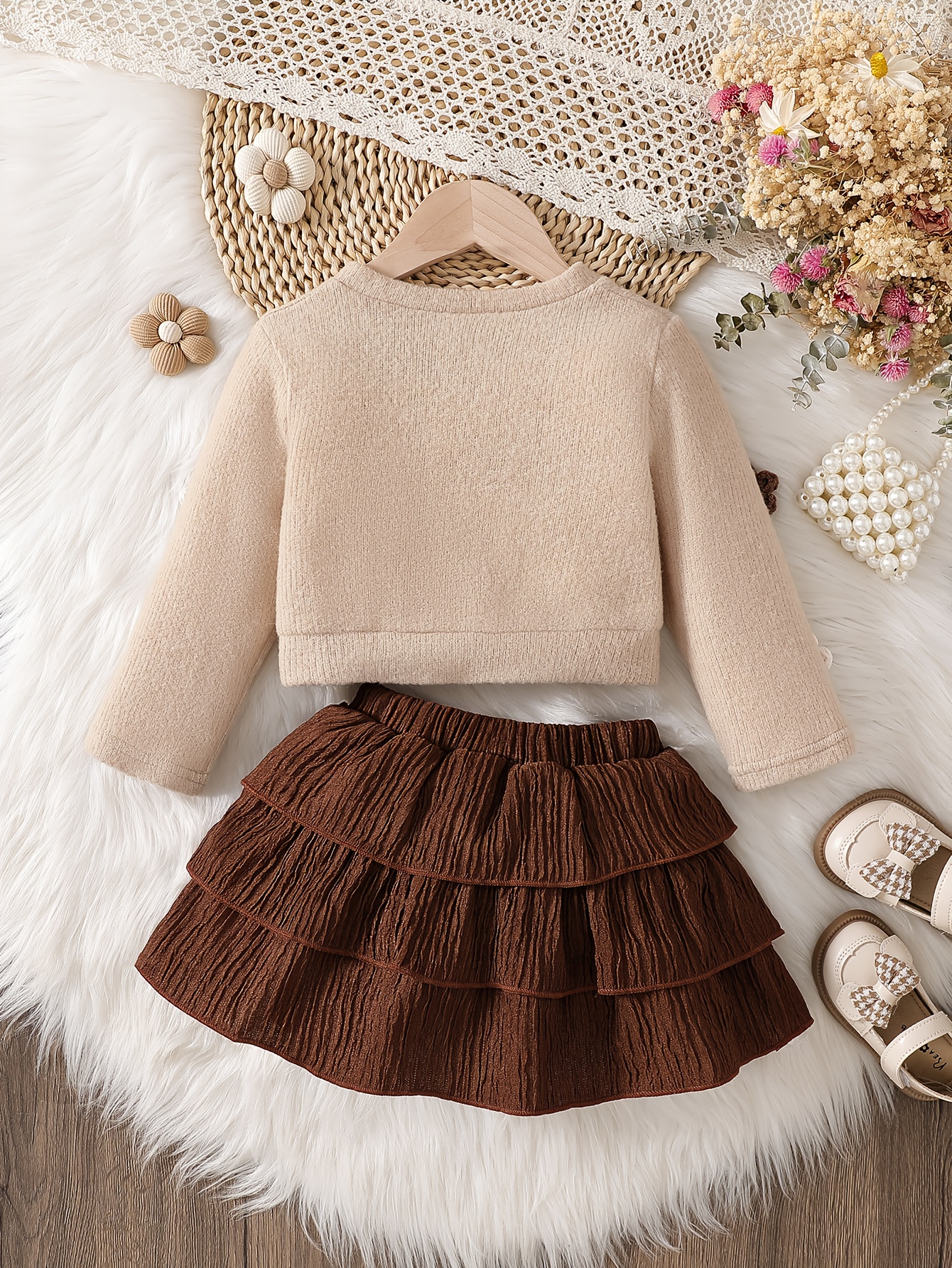autumn and winter elegant outfit for girls featuring a sweet cardigan with a round neck and long sleeves decorated with three dimensional flowers   girls for outdoor Product details 0