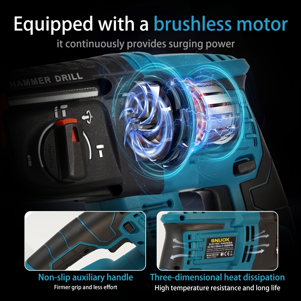 SNUOK 18V Brushless Electric Rotary Hammer, USB Rechargeable 3000mAh Battery, Compact Handheld Drill for Home Repairs, Car Electrical, Mechanical Processing, Dual USB Battery, ABS Material, 1pc/2pcs, Battery Display