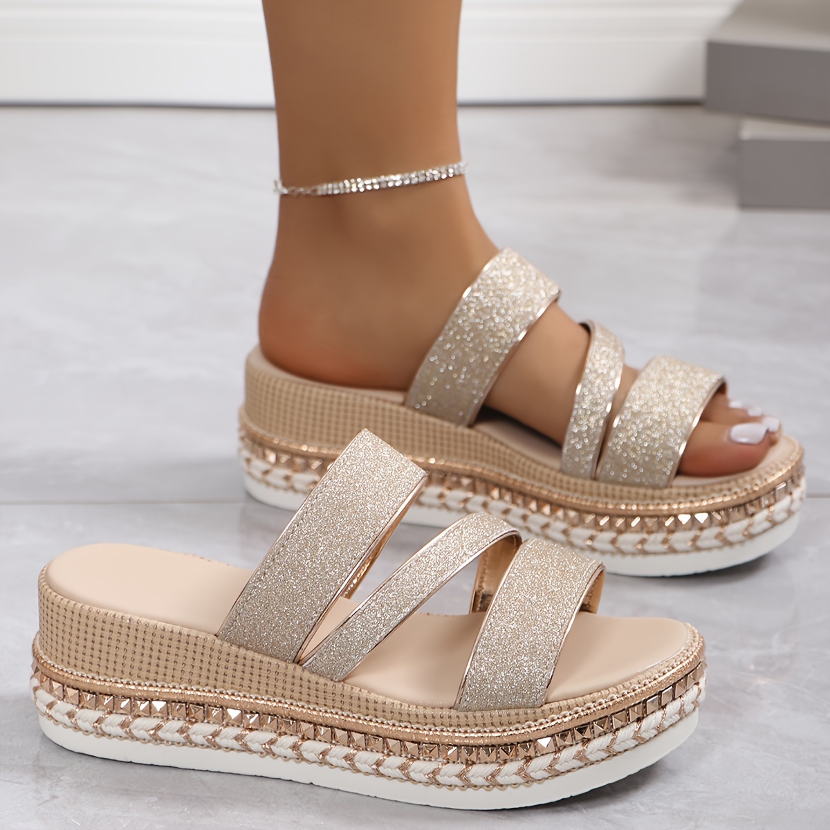 

Women's Fashion Glitter Platform Wedge Sandals, Comfortable Casual Slip-on Slides, Versatile Walking Daily Footwear