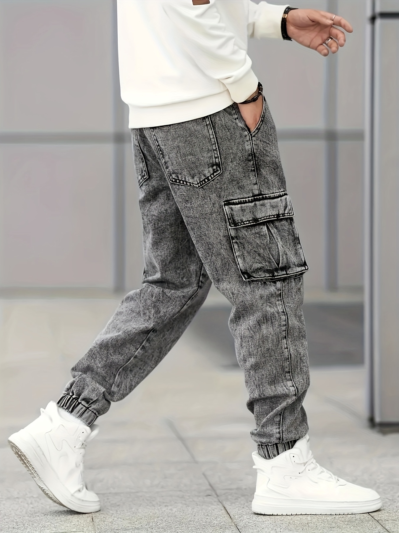 Men's Slim Fit Cargo Jeans - Stylish Gray Denim with Multiple Pockets, Durable Cotton/Polyester Blend, All-Season Wear
