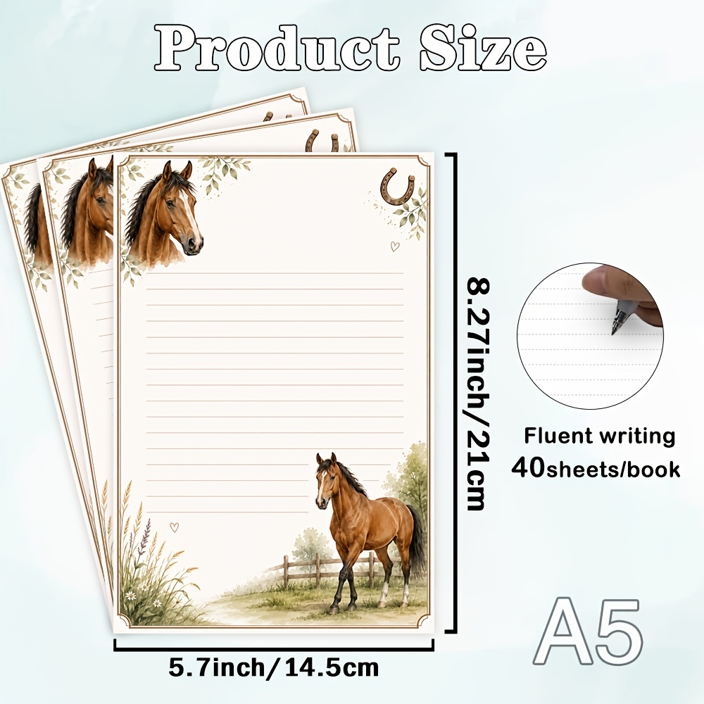 TEMU 40sheets Horse Letter Paper, A Horse In A Countryside With A Horseshoe Accent, Rustic Watercolor Design, Planners, Leisure Items, Journals, Etc.