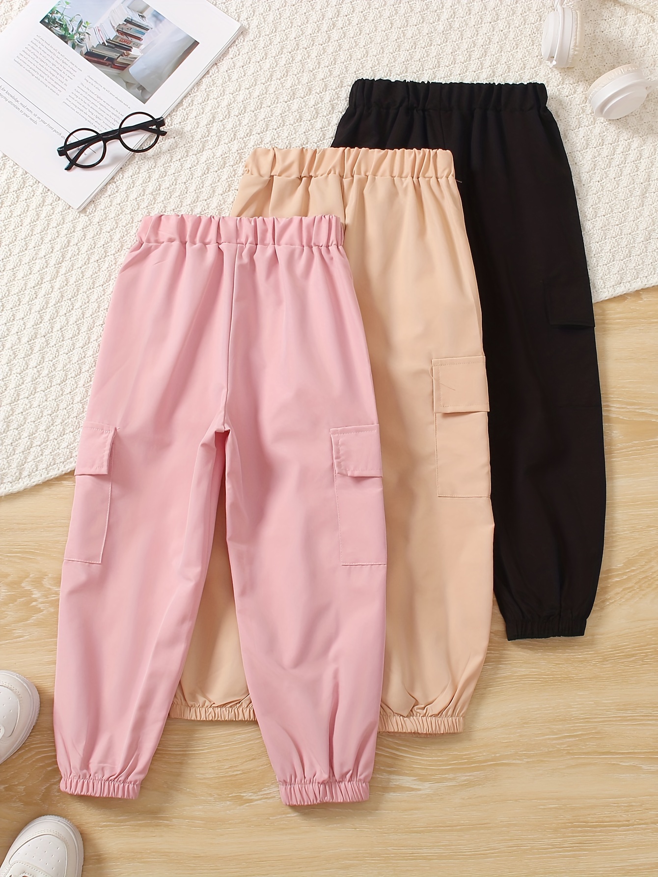 3pcs Girls' Solid Color Fashionable Casual Cargo Pants with Side Pockets, Cuffed Long Pants, Suitable for Outdoor Wear, Ideal as a Gift, Perfect for Outdoor