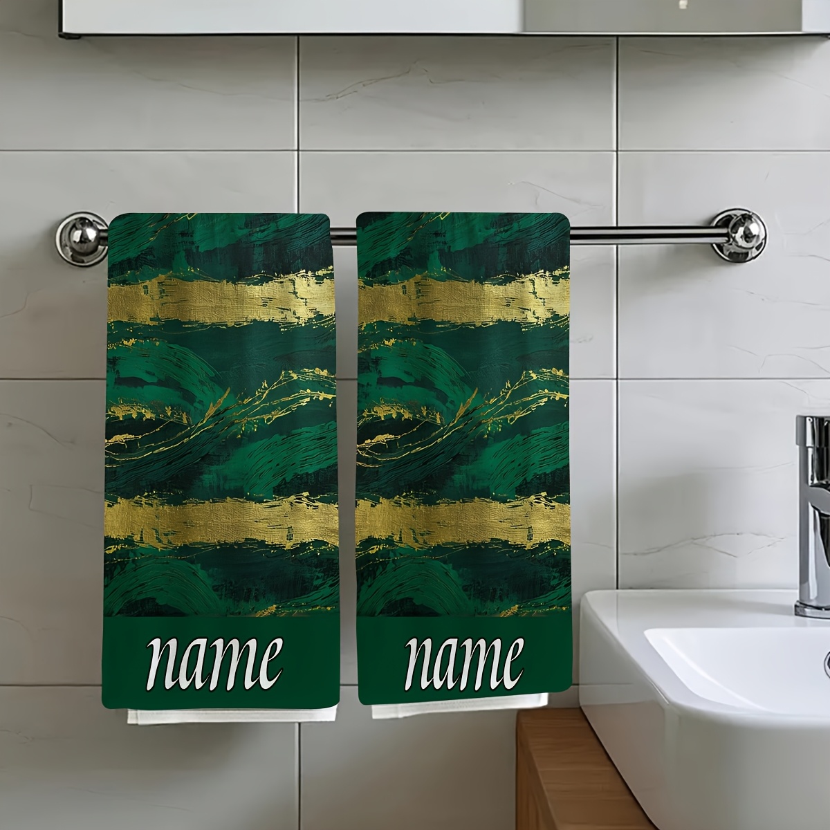 TEMU 2pcs, Abstract Artwork Depicting A Landscape Featuring Green And Golden, Travel , Customizable Text Towel, Name Customization Towel, Cartoon