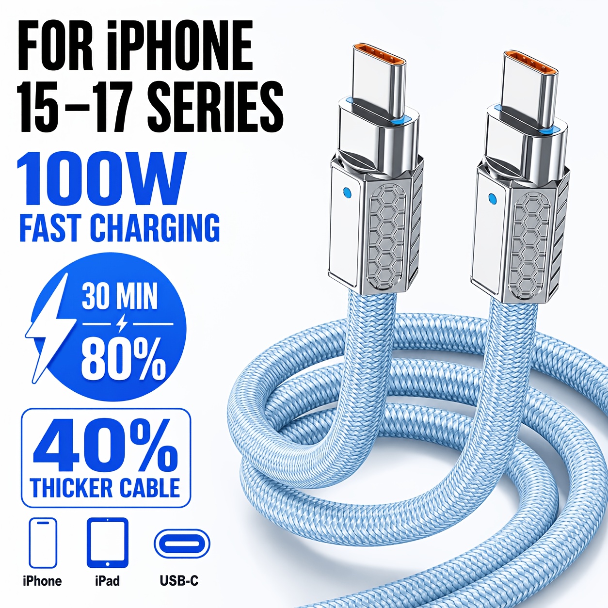 100W USB C to C Fast Charging Cable with LED Indicator, 40% Thicker Heavy Duty Nylon Braided Type C Cord, Hexagonal Metal Connector, 480Mbps Data Line for iPhone 17/16/15 Pro/Pro Max, iPhone AirI iPad, 3.3ft 4.9ft 6.6ft