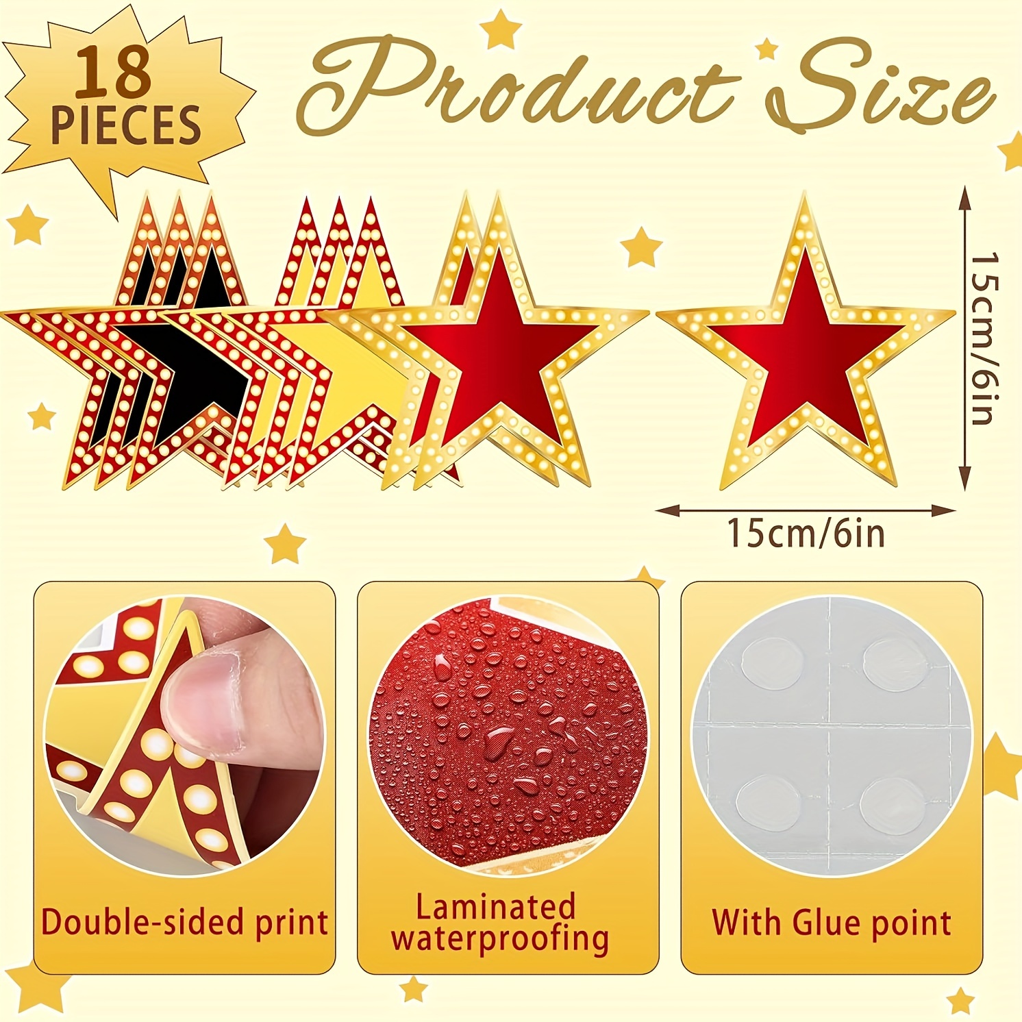 Image of 18 Piece Star Cutouts - Double-sided Printed Paper Decorations, 6-inch Red & Golden Stars For Movie Night, Award Show Parties, Bulletin Board & Classroom Wall Decor, Waterproof With Adhesive Points