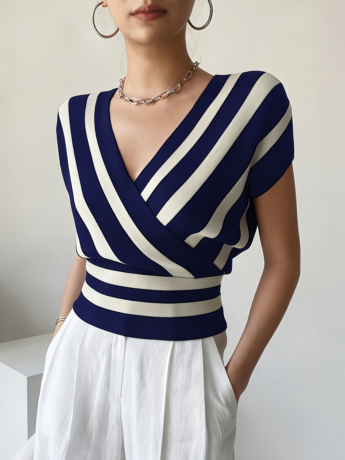womens ins summer cross over neck pullover versatile loose womens elegant striped machine washable short sleeve sweater