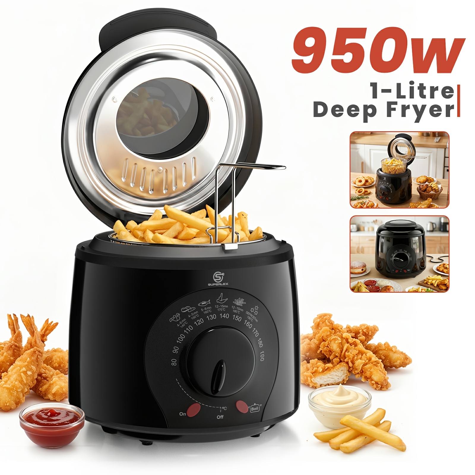 Image of Superlex 1l Mini Deep Fat Fryer With Adjustable Temperature, Bowl & Removable Basket Suitable For, Compact Suitable For, , Snacks, Transparent Lid With Oil Filter, -type Plug (220-240)
