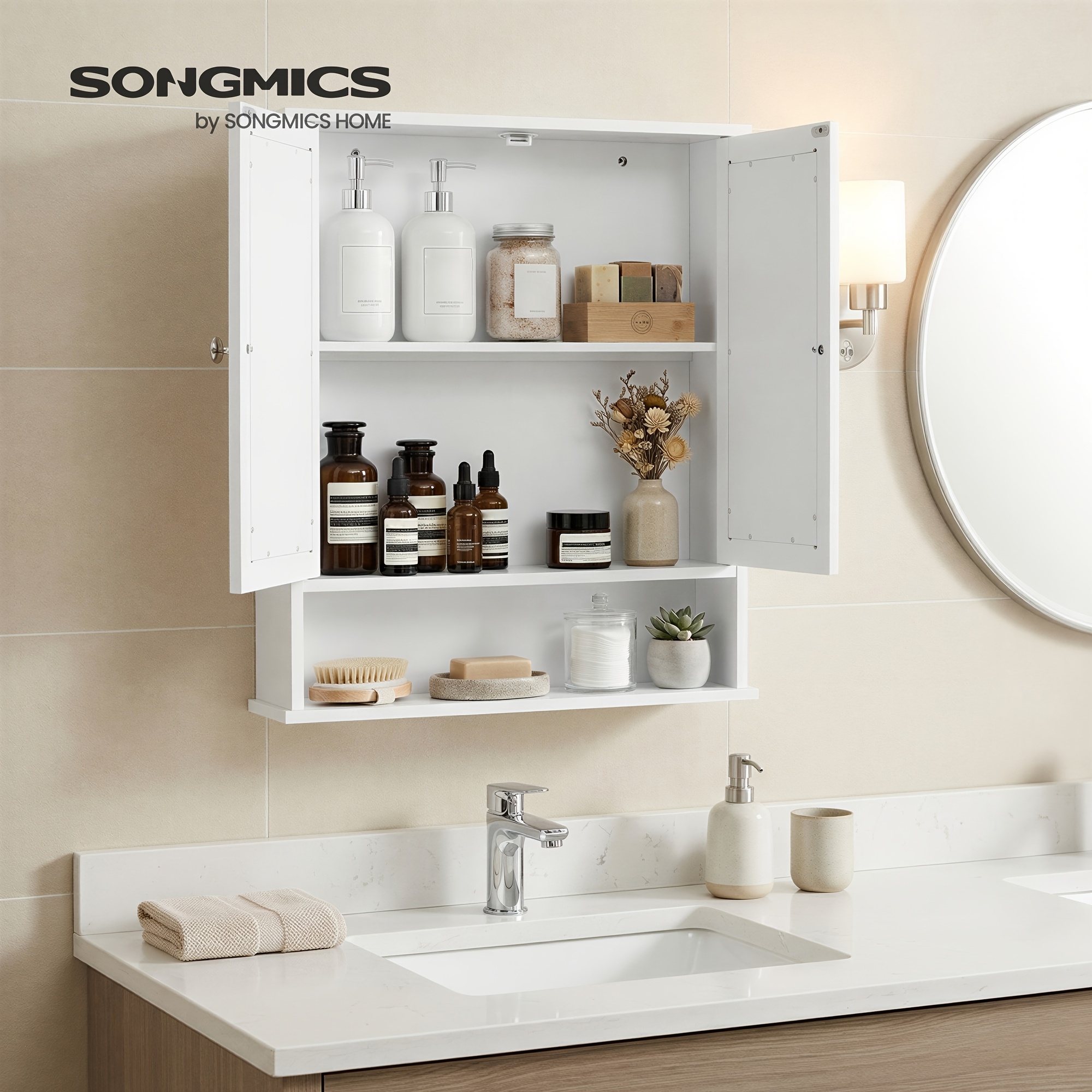 TEMU Armadietto da bagno moderno a parete con 2 ante a specchio e ripiano - Specchio per riporre in bagno/doccia, salvaspazio, stile, installazione,
