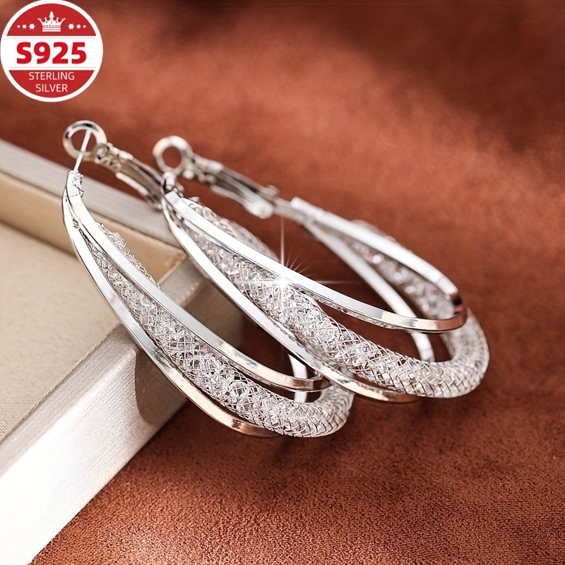 TEMU A Set Of S925 Silver Earrings For Women, Featuring Mesh Artificial Crystal Circles, Luxurious Design, Ideal For Halloween, And Great Holiday