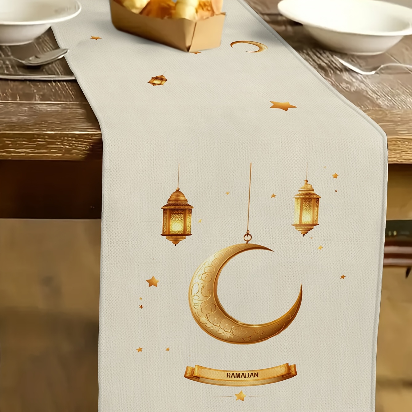 

1pc Linen Ramadan Table Runner With & Lantern Design – Eid Celebration Decor For Kitchen, Dining, And Home Parties, Rectangular Woven Tablecloth In Light , Ramadan Decoration