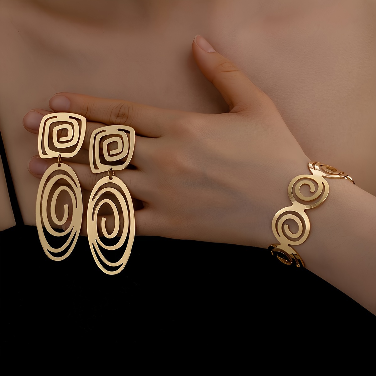 Vintage Iron Circle Earrings & Bangle Set for Women