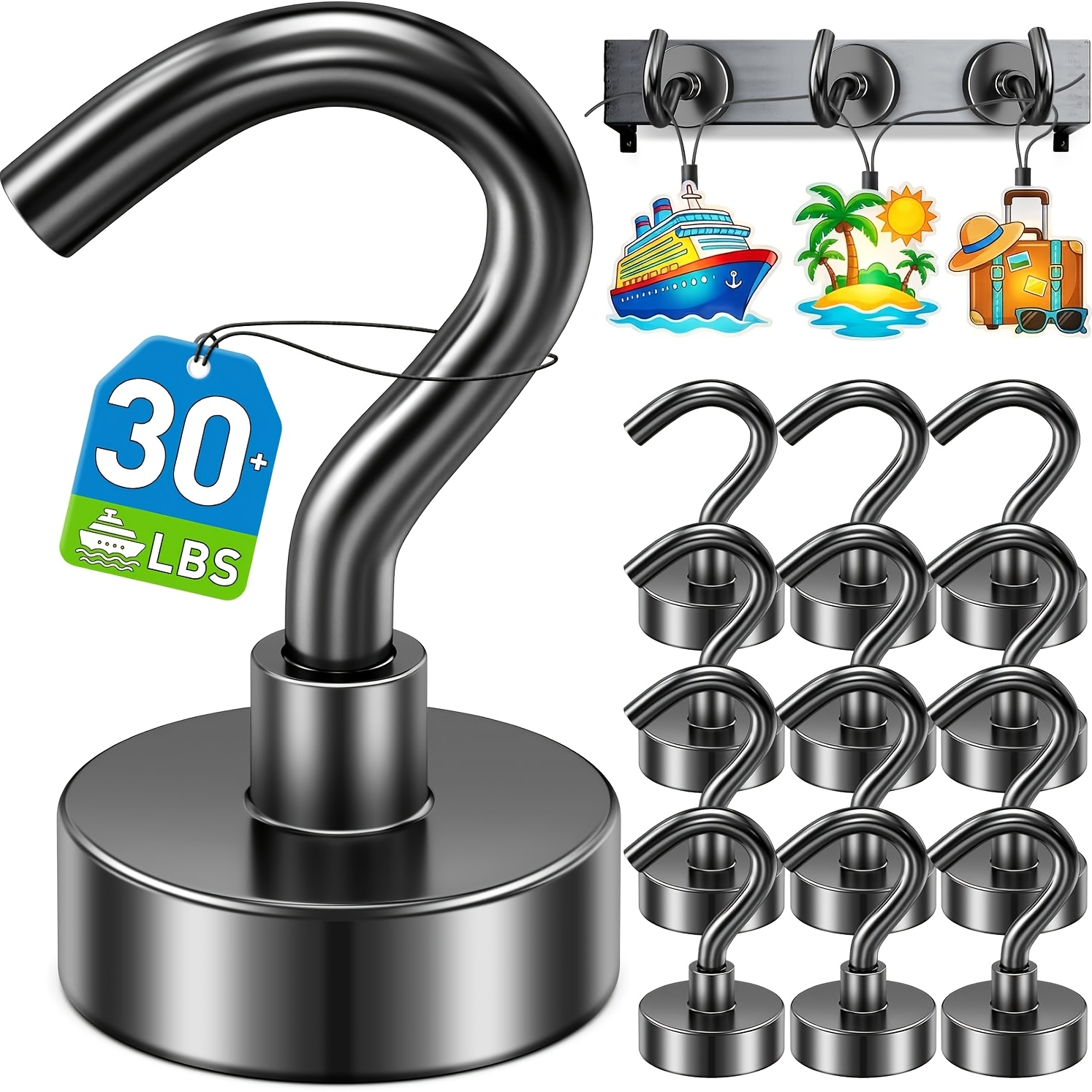 TEMU 12pcs Magnetic Hook Set, Suitable For 2026 Cruise Cabin Beach Vacation, 30lbs+ Heavy Duty Magnet With Hook, Metal Magnetic Hooks, For Kitchen