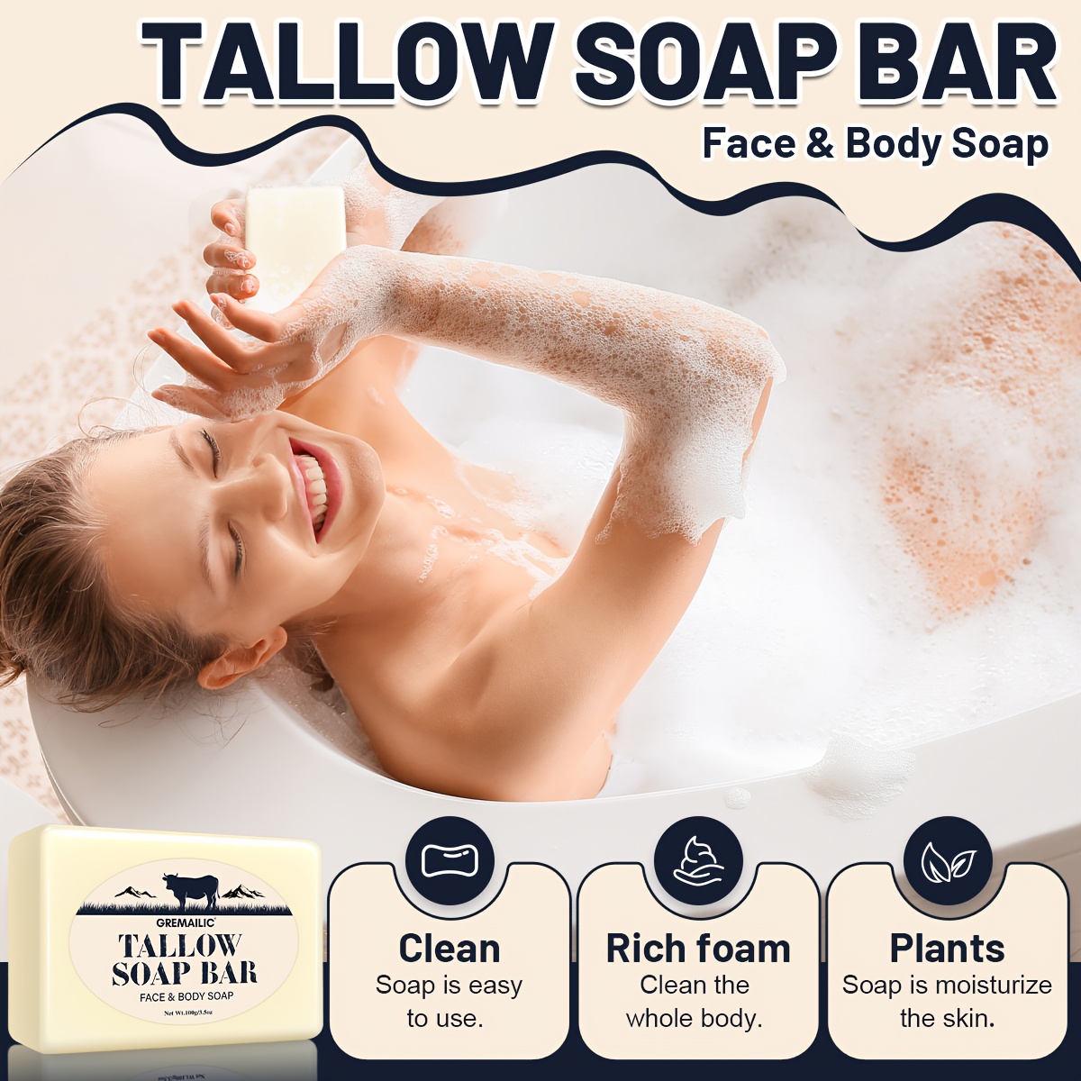 Set of 3, Suitable for Face, Body, Hair, And More, This Handmade Tallow Soap Is Non-Alcoholic And Contains Kojic Acid. Includes a Bubble Net, Suitable for All Skin Types, Unisex, Perfect As a Gift for Christmas, Thanksgiving, Or Halloween. - 100G
