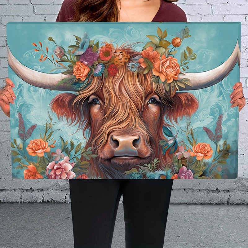 

1pc Wooden Framed Canvas Painting Highland Cow & Flowers Wall Art Prints For Home Decoration, Living Room & Bedroom, Festival Party Decor, Gifts, Ready To Hang