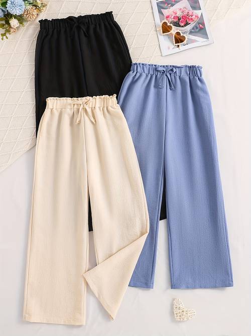 set aus drei kleidungsstücken für große mädchen, inklusive stylischer gestreifter hose mit schleife, für outdoor-aktivitäten im frühling, sommer und herbst. die hose verfügt über einen elastischen bund, was sie für ausflüge macht.
